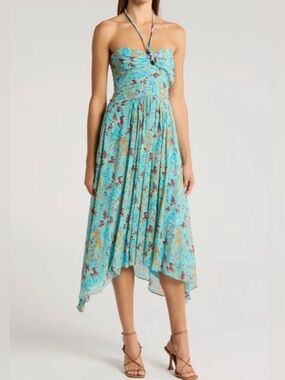 A.L.C New Violet Silk Floral Chiffon Halter Handkerchief Hem Midi Dress size 00